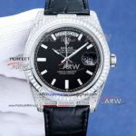 Swiss Replica Rolex Day Date Black Stick Face Diamond Bezel Alligator Strap 3135 Watch
